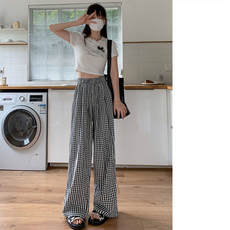 Retro plaid pants women's pants summer women's thin high - waisted drape walking pants casual straight ice silk wide - leg pants - Negative Apparel