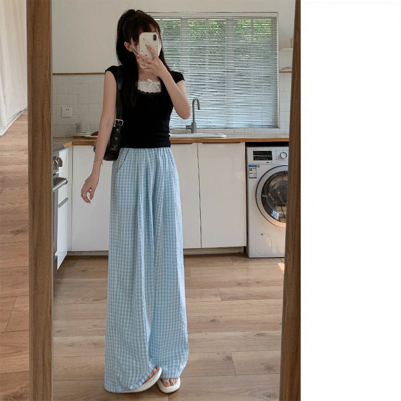 Retro plaid pants women's pants summer women's thin high - waisted drape walking pants casual straight ice silk wide - leg pants - Negative Apparel