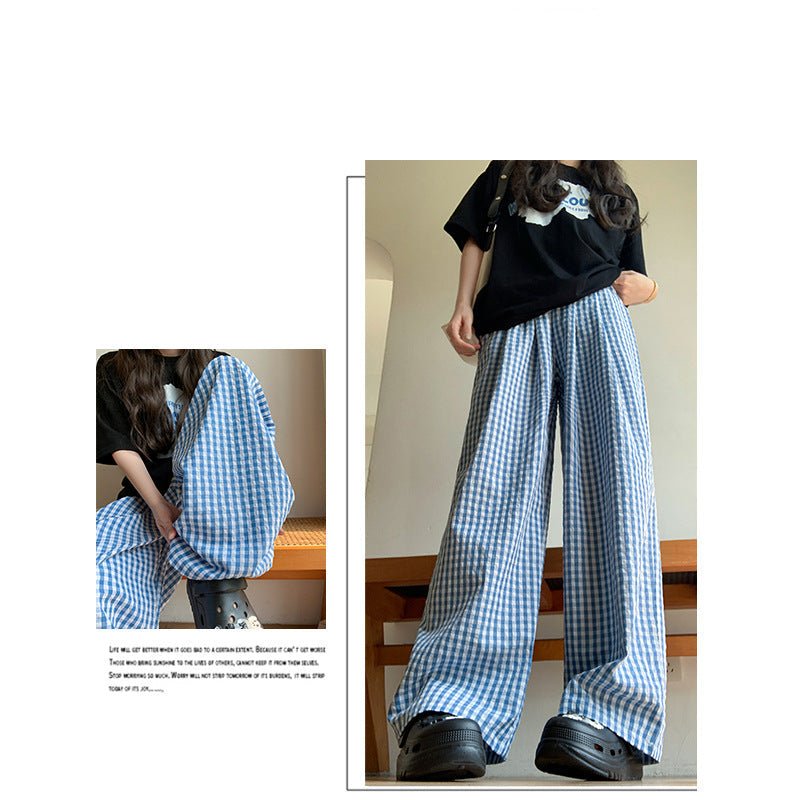 Retro plaid pants women's pants summer women's thin high - waisted drape walking pants casual straight ice silk wide - leg pants - Negative Apparel