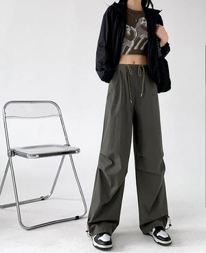 Retro style overalls women's pants women's summer thin high waist straight parachute pants casual wide leg sports pants - Negative Apparel