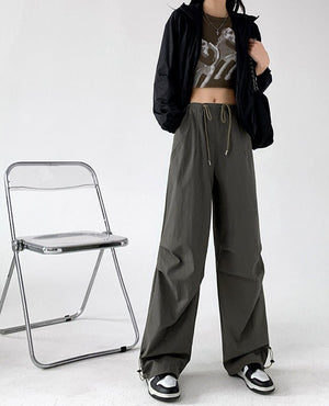 Retro style overalls women's pants women's summer thin high waist straight parachute pants casual wide leg sports pants - Negative Apparel