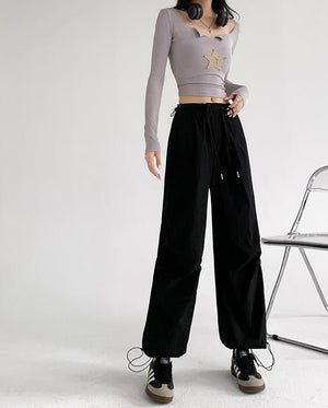 Retro style overalls women's pants women's summer thin high waist straight parachute pants casual wide leg sports pants - Negative Apparel