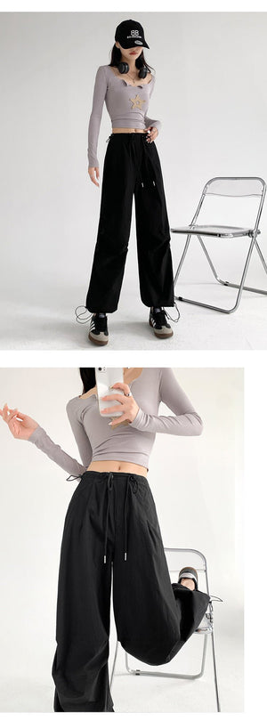 Retro style overalls women's pants women's summer thin high waist straight parachute pants casual wide leg sports pants - Negative Apparel