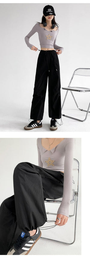 Retro style overalls women's pants women's summer thin high waist straight parachute pants casual wide leg sports pants - Negative Apparel