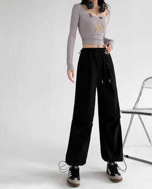 Retro style overalls women's pants women's summer thin high waist straight parachute pants casual wide leg sports pants - Negative Apparel