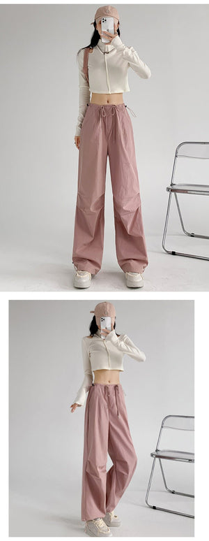 Retro style overalls women's pants women's summer thin high waist straight parachute pants casual wide leg sports pants - Negative Apparel