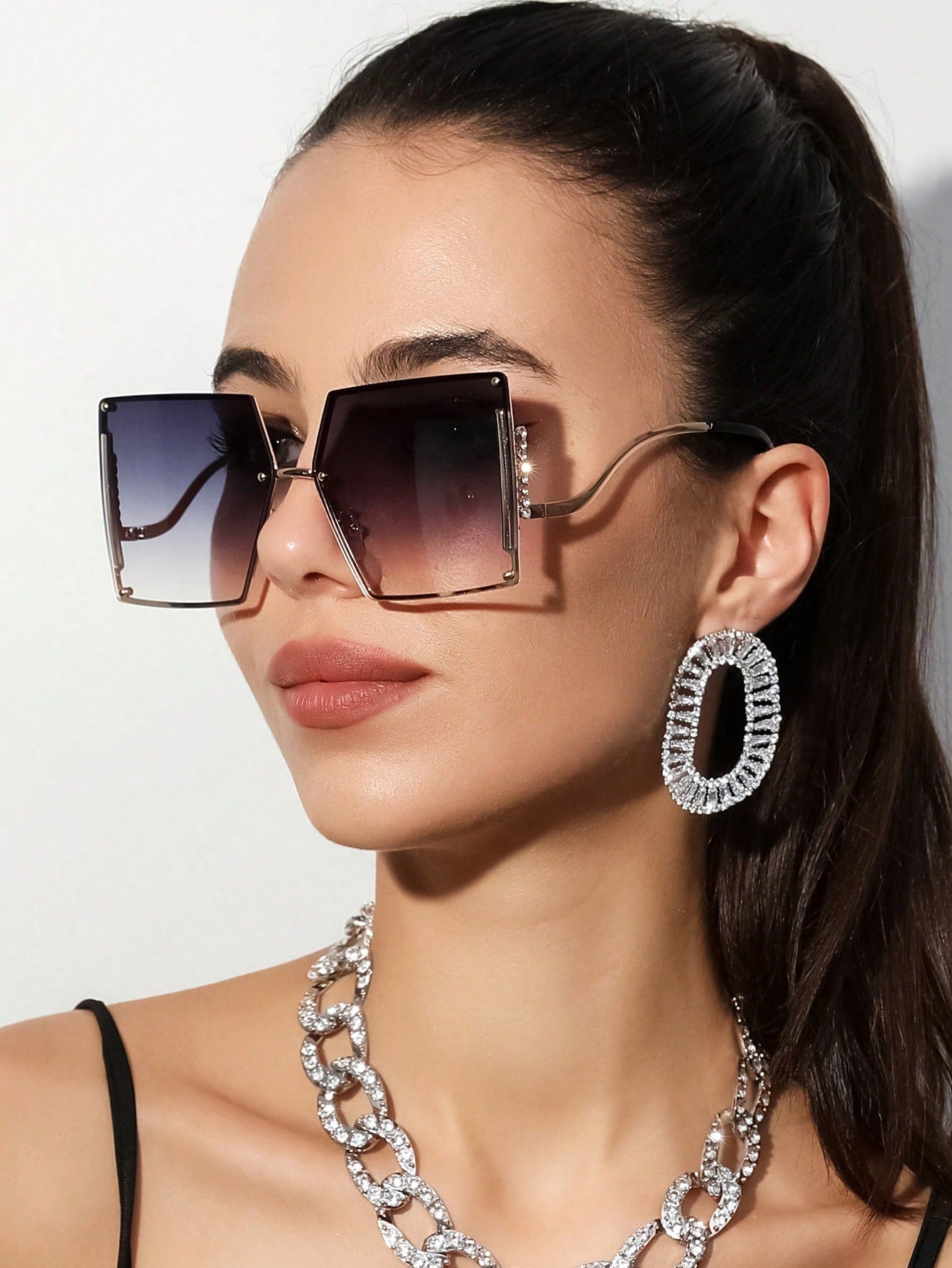 Rhinestone Decor Square Frame Oversized Fashion Glasses For A Trendy Vintage Boho Look Elegant Shades Beach Accessories - Negative Apparel