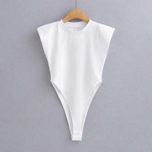 Right angle shoulder pad bodysuit summer new T-shirt solid color open crotch tight bodysuit - Negative Apparel