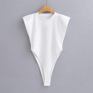 Right angle shoulder pad bodysuit summer new T-shirt solid color open crotch tight bodysuit - Negative Apparel