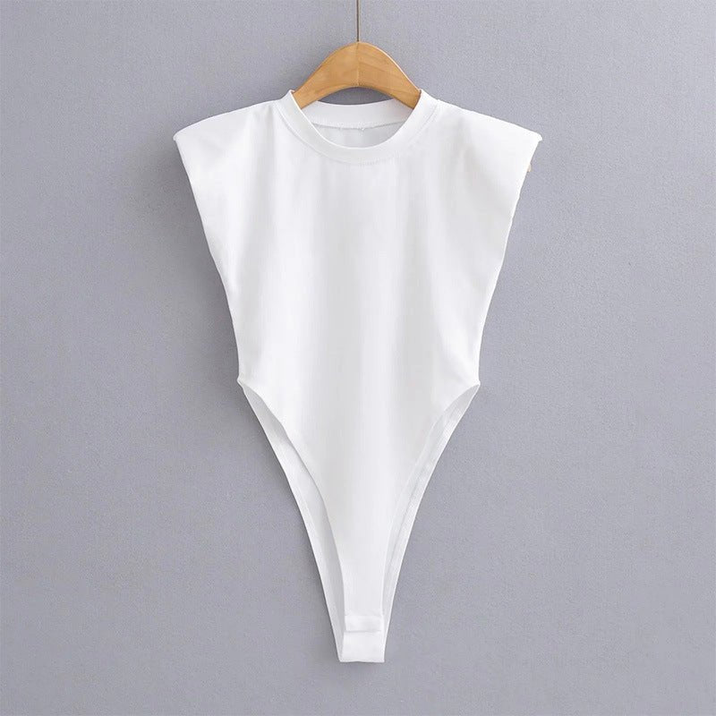 Right angle shoulder pad bodysuit summer new T-shirt solid color open crotch tight bodysuit - Negative Apparel