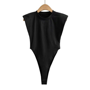 Right angle shoulder pad bodysuit summer new T-shirt solid color open crotch tight bodysuit - Negative Apparel