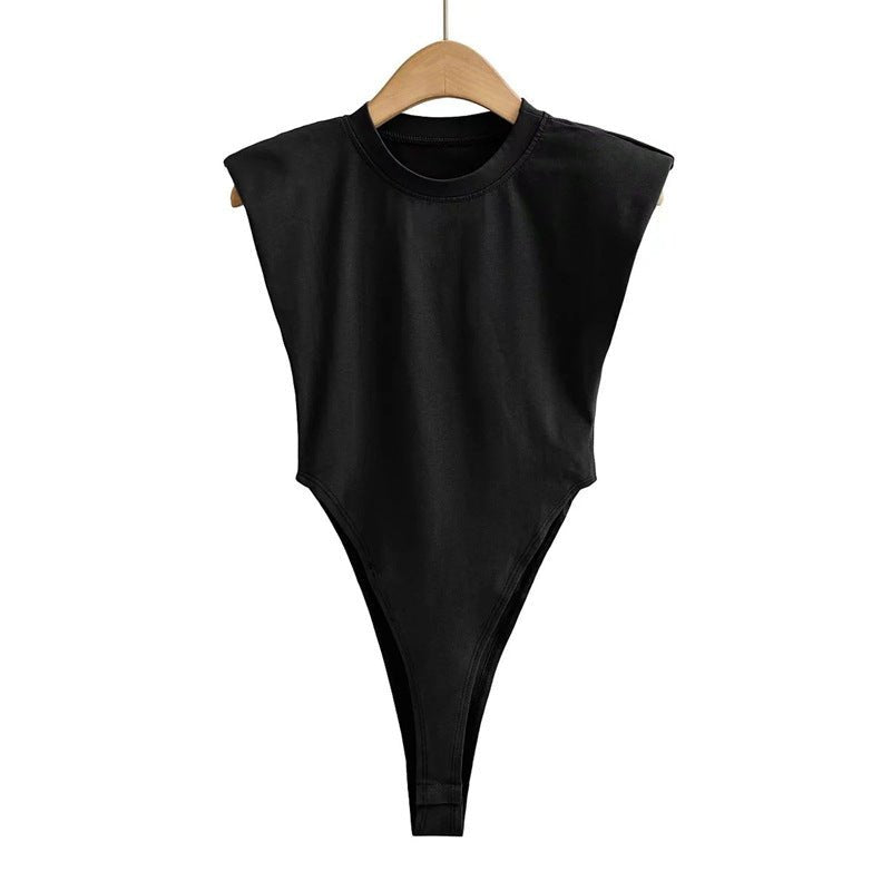 Right angle shoulder pad bodysuit summer new T-shirt solid color open crotch tight bodysuit - Negative Apparel
