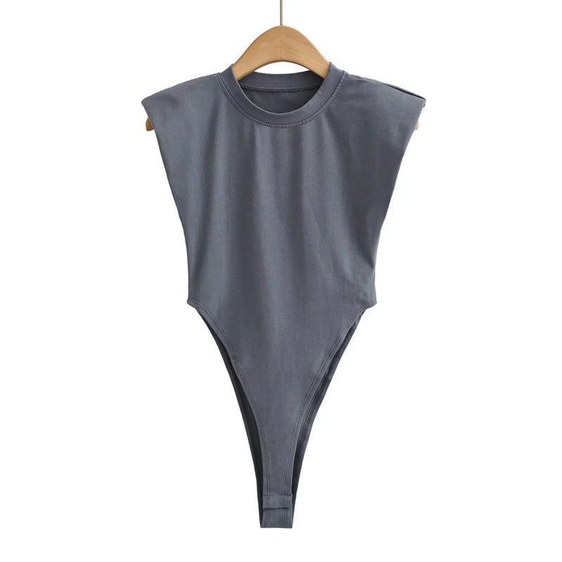 Right angle shoulder pad bodysuit summer new T-shirt solid color open crotch tight bodysuit - Negative Apparel