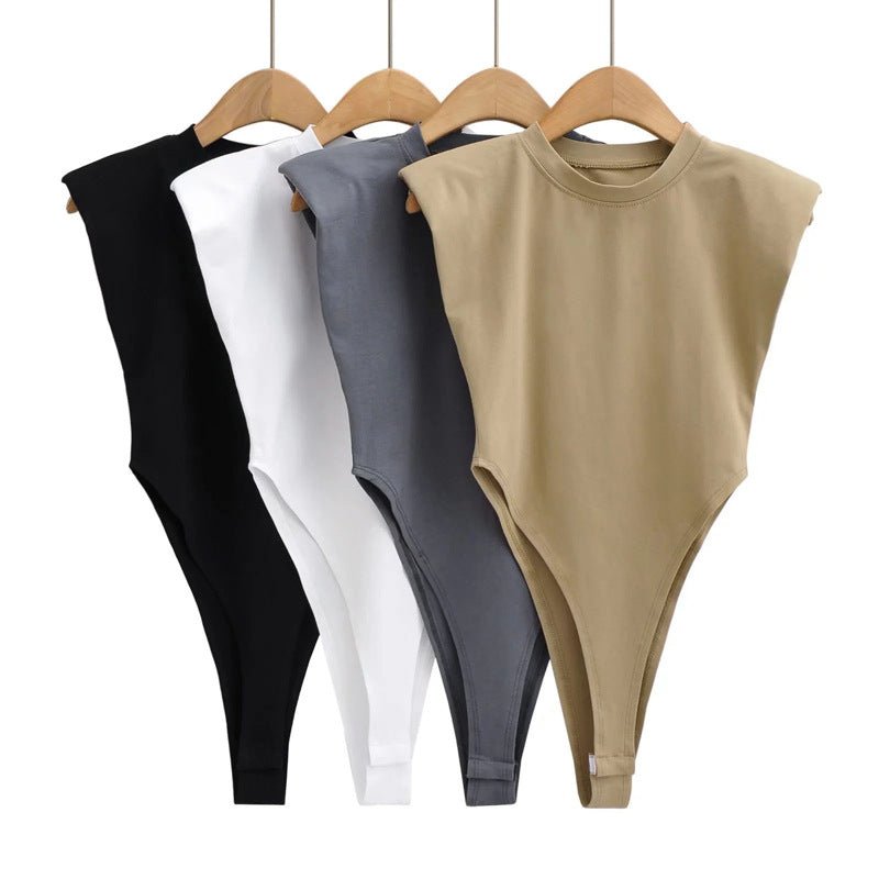 Right angle shoulder pad bodysuit summer new T-shirt solid color open crotch tight bodysuit - Negative Apparel