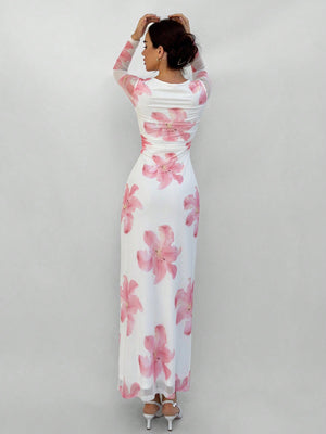 Romantic Date Night Floral Print Pleated Long Sleeve Dress For Women - Negative Apparel