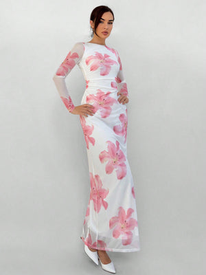 Romantic Date Night Floral Print Pleated Long Sleeve Dress For Women - Negative Apparel