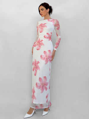 Romantic Date Night Floral Print Pleated Long Sleeve Dress For Women - Negative Apparel