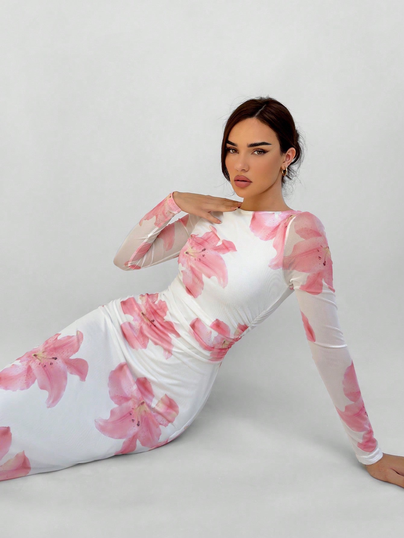 Romantic Date Night Floral Print Pleated Long Sleeve Dress F – Negative  Apparel