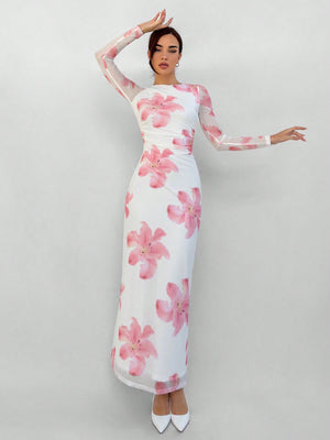 Romantic Date Night Floral Print Pleated Long Sleeve Dress For Women - Negative Apparel