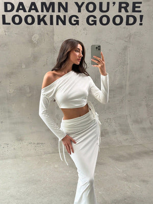 Romantic Minimalist Asymmetric Long Sleeve Ruched Slim Fit Crop Top + Drawstring Waist Maxi Skirt - Negative Apparel