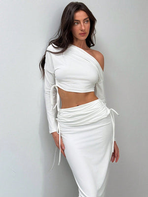 Romantic Minimalist Asymmetric Long Sleeve Ruched Slim Fit Crop Top + Drawstring Waist Maxi Skirt - Negative Apparel