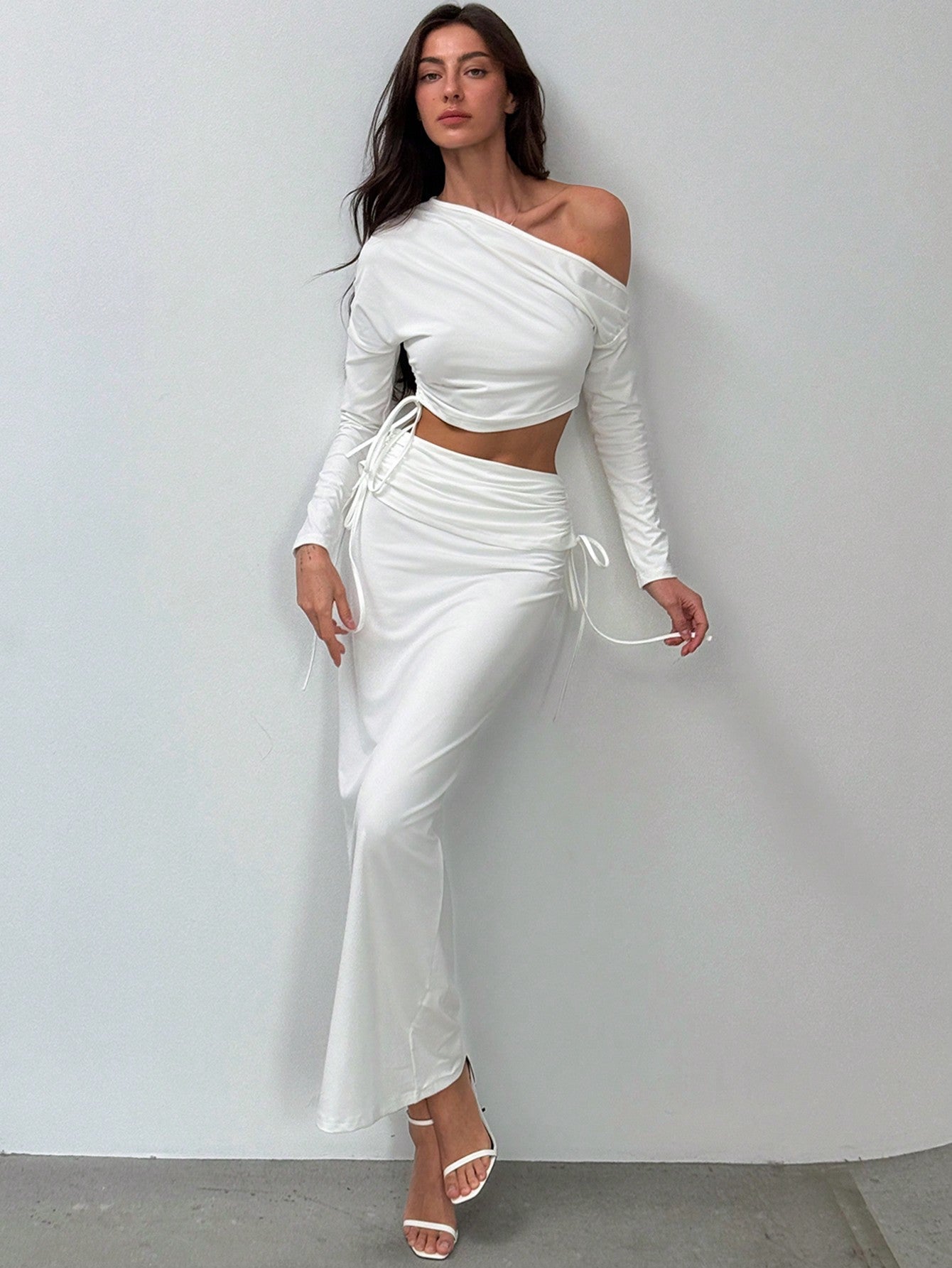 Romantic Minimalist Asymmetric Long Sleeve Ruched Slim Fit Crop Top + Drawstring Waist Maxi Skirt - Negative Apparel