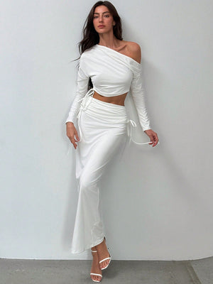 Romantic Minimalist Asymmetric Long Sleeve Ruched Slim Fit Crop Top + Drawstring Waist Maxi Skirt - Negative Apparel
