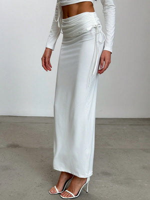 Romantic Minimalist Asymmetric Long Sleeve Ruched Slim Fit Crop Top + Drawstring Waist Maxi Skirt - Negative Apparel