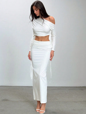 Romantic Minimalist Asymmetric Long Sleeve Ruched Slim Fit Crop Top + Drawstring Waist Maxi Skirt - Negative Apparel
