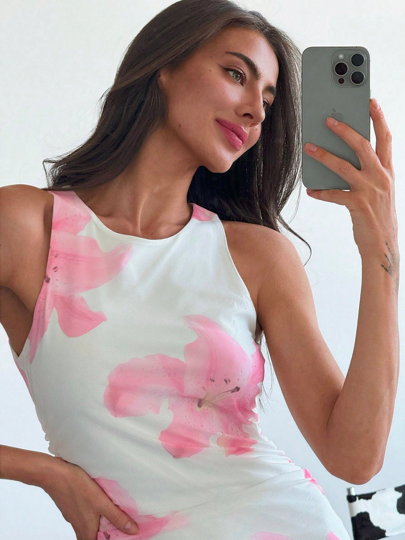 Romantic Vacation Date Sleeveless Bodycon Floral Printed Pleated Long Dress For Women - Negative Apparel