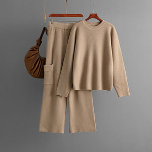 Round neck loose knitted co - ord casual style wide - leg pants two - piece set - Negative Apparel