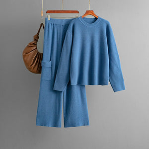 Round neck loose knitted co - ord casual style wide - leg pants two - piece set - Negative Apparel