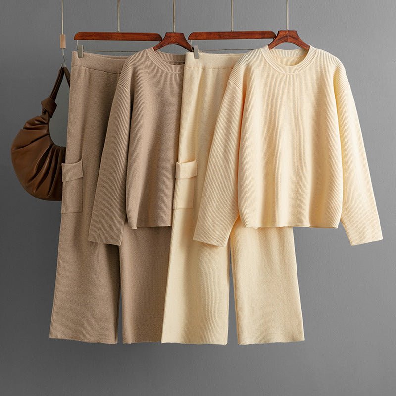 Round neck loose knitted co - ord casual style wide - leg pants two - piece set - Negative Apparel