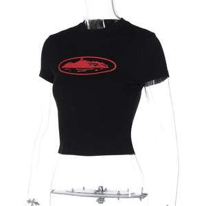 Round neck short sleeve pullover print slim fit T-shirt top - Negative Apparel