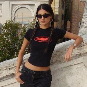 Round neck short sleeve pullover print slim fit T-shirt top - Negative Apparel