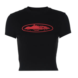 Round neck short sleeve pullover print slim fit T-shirt top - Negative Apparel