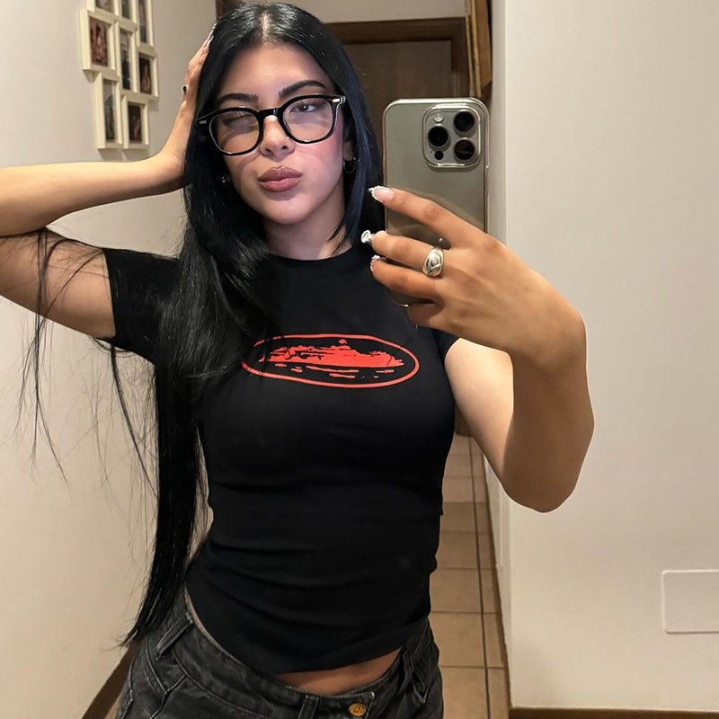 Round neck short sleeve pullover print slim fit T-shirt top - Negative Apparel