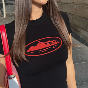 Round neck short sleeve pullover print slim fit T-shirt top - Negative Apparel