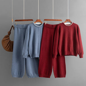 Round solid color knitted loose sweater casual pants two - piece set - Negative Apparel