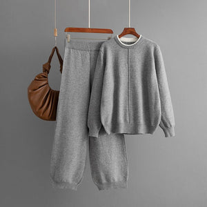 Round solid color knitted loose sweater casual pants two - piece set - Negative Apparel