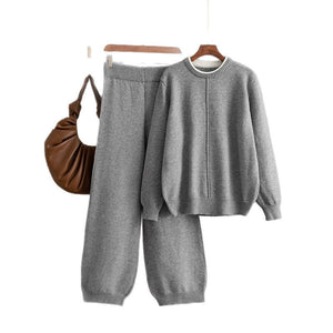 Round solid color knitted loose sweater casual pants two - piece set - Negative Apparel