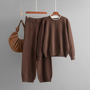 Round solid color knitted loose sweater casual pants two - piece set - Negative Apparel