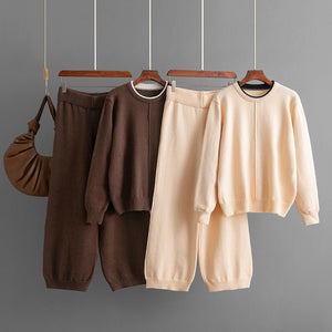 Round solid color knitted loose sweater casual pants two - piece set - Negative Apparel