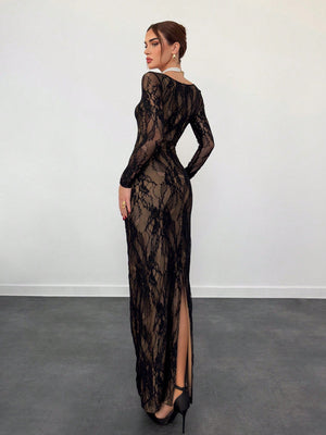 S - Shaped Lace Long Sleeve Cupped Corset Collar Slim Fitted Floor Length Black Dress - Negative Apparel