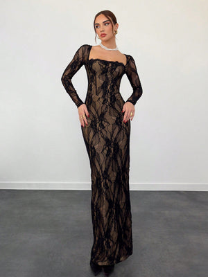 S - Shaped Lace Long Sleeve Cupped Corset Collar Slim Fitted Floor Length Black Dress - Negative Apparel