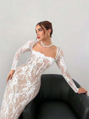 S - Shaped Lace Long Sleeve Cupped Corset Collar Slim Fitted Floor Length Black Dress - Negative Apparel