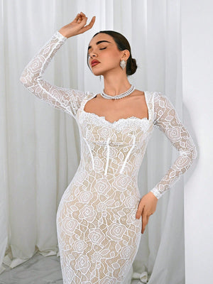 S - Shaped Lace Long Sleeve Cupped Corset Collar Slim Fitted Floor Length Black Dress - Negative Apparel