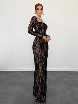S - Shaped Lace Long Sleeve Cupped Corset Collar Slim Fitted Floor Length Black Dress - Negative Apparel