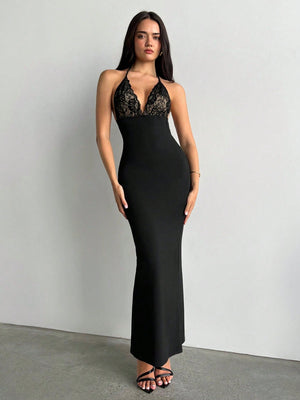 S - Shaped Lace Long Sleeve Cupped Corset Collar Slim Fitted Floor Length Black Dress - Negative Apparel