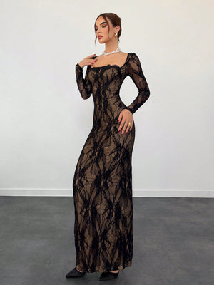 S - Shaped Lace Long Sleeve Cupped Corset Collar Slim Fitted Floor Length Black Dress - Negative Apparel